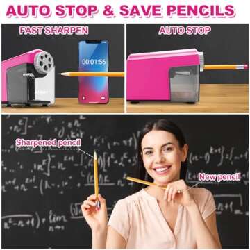 Electric Pencil Sharpener Heavy Duty, 6-Hole Classroom Pencil Sharpener for 6-11mm Pencils, Auto Stop Pencil Sharpener Plug in,10000 Sharpening Times, Save Colored Pencils, Pink