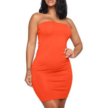 Mokoru Women's Casual Basic Bodycon Tube Top Sexy Strapless Club Party Mini Dress, Medium, Orange