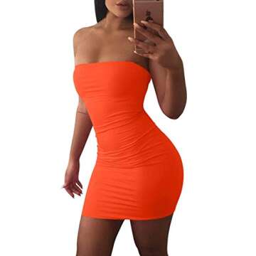 Mokoru Women's Casual Basic Bodycon Tube Top Sexy Strapless Club Party Mini Dress, Medium, Orange