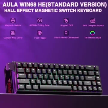 AULA WIN68 HE Mechanical Gaming Keyboard 60%, Hall Effect Magnetic Switch, Fast Trigger Mode Adjusta...
