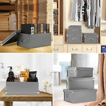 SEEKIND Storage Box, Decorative Storage Bins with Lid,3 in 1 Set,Plastic,with Handles,Press-Stud Fastening,Moisture-Proof,Foldable for Space Saving Storage,for Clothes, Cosmetic,Blankets (Grey) …