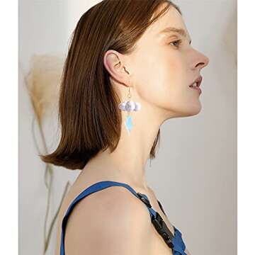 Cute Handmade Sparkly Large 3D Resin Cloud Lightning Weather Dangle Drop Hook Earrings for Women