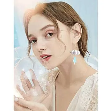 Cute Handmade Sparkly Large 3D Resin Cloud Lightning Weather Dangle Drop Hook Earrings for Women