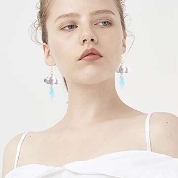 Cute Handmade Sparkly Large 3D Resin Cloud Lightning Weather Dangle Drop Hook Earrings for Women