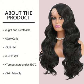 UHair Long Curly Wavy Side Part Synthetic Wigs for Women, Natural Color Black 26 inches Curly Hair W...
