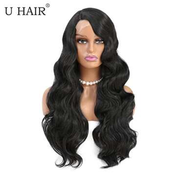 UHair Long Curly Wavy Side Part Synthetic Wigs for Women, Natural Color Black 26 inches Curly Hair Wigs Heat Resistant Fibre For Daily Party Cosplay Use