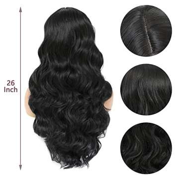 UHair Long Curly Wavy Side Part Synthetic Wigs for Women, Natural Color Black 26 inches Curly Hair Wigs Heat Resistant Fibre For Daily Party Cosplay Use