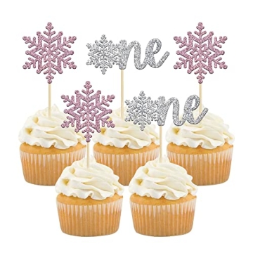 Gyufise Snowflake One Cupcake Toppers - Pink Silver Glitter Decorations for Winter Celebrations