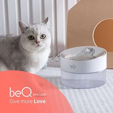 beQ Cat Water Fountain,2.5L/84oz Inside Ultra-Quiet Stainless Steel Automatic Pet Water Dispenser,BPA Free,Visible Water Level,with a Large Size Filter,Suitable for Cats & Small Dogs