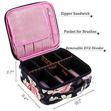 ibeacos Makeup Bag Travel Cosmetic Bag for Women Nylon Cute Makeup Case Large Professional Cosmetic Train Case Organizer with Adjustable Dividers for Cosmetics Make Up Tools Toiletry,Dark Blue Peony