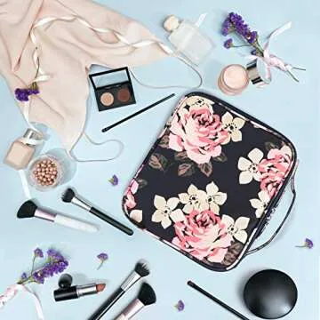 ibeacos Makeup Bag Travel Cosmetic Bag for Women Nylon Cute Makeup Case Large Professional Cosmetic Train Case Organizer with Adjustable Dividers for Cosmetics Make Up Tools Toiletry,Dark Blue Peony