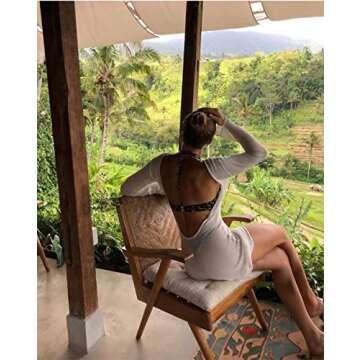 GEMEIQ Women's Sexy Long Sleeve Bodycon Dress Knit Backless Slim Beach Vacation Party Y2K Club Short Mini Skirt Cover Up