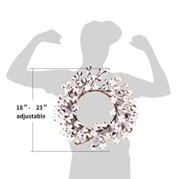Real Cotton Wreath - 18"- 23" Adjustable Stems for Front Door Festival Hanging Decorations Welcome Decor Made from Natural White Cotton Flowers Bolls