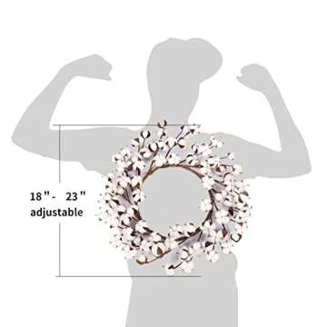 Real Cotton Wreath - 18"- 23" Adjustable Stems for Front Door Festival Hanging Decorations Welcome Decor Made from Natural White Cotton Flowers Bolls
