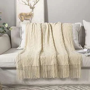 MIULEE Knitted Beige Throw Blanket Soft Sofa Knit Blanket for Couch 50 x 60 Inches, Solid Cozy Lightweight Wave Pattern Decorative Blankets with Tassels for Women, Kids and Babys