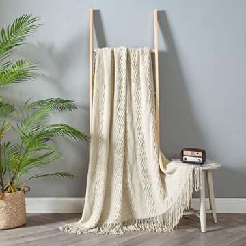 MIULEE Knitted Beige Throw Blanket Soft Sofa Knit Blanket for Couch 50 x 60 Inches, Solid Cozy Lightweight Wave Pattern Decorative Blankets with Tassels for Women, Kids and Babys