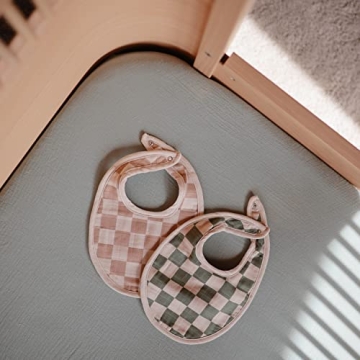 mushie Muslin Baby Bib | Soft Cotton for Infant Drips, Drools & Feedings | Adjustable Fit | 2 Pack (Olive Check/Natural Check)