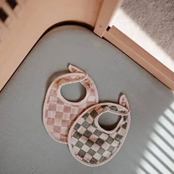 mushie Muslin Baby Bib | Soft Cotton for Infant Drips, Drools & Feedings | Adjustable Fit | 2 Pack (Olive Check/Natural Check)