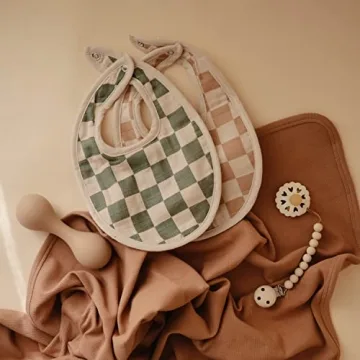 mushie Muslin Baby Bib | Soft Cotton for Infant Drips, Drools & Feedings | Adjustable Fit | 2 Pack (Olive Check/Natural Check)