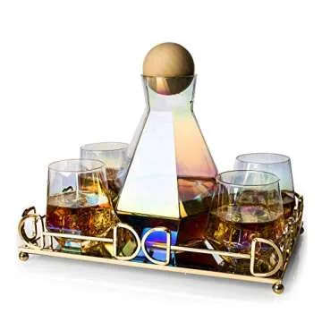 Iridescent Whiskey Decanter Diamond shaped With 4 Diamond Glasses & Mirrored Gold Tray Holder – 75...