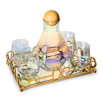 Iridescent Whiskey Decanter Diamond shaped With 4 Diamond Glasses & Mirrored Gold Tray Holder – 750ml Elegant Handcrafted Crafted Glass - Wine, Liquor, Scotch, Bourbon, Vodka, Tequila, Great Gift Idea