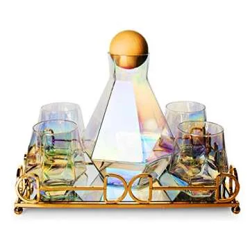Iridescent Whiskey Decanter Diamond shaped With 4 Diamond Glasses & Mirrored Gold Tray Holder – 750ml Elegant Handcrafted Crafted Glass - Wine, Liquor, Scotch, Bourbon, Vodka, Tequila, Great Gift Idea