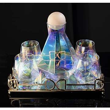 Iridescent Whiskey Decanter Diamond shaped With 4 Diamond Glasses & Mirrored Gold Tray Holder – 750ml Elegant Handcrafted Crafted Glass - Wine, Liquor, Scotch, Bourbon, Vodka, Tequila, Great Gift Idea