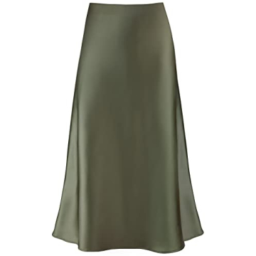 Women's Satin High Waist Hidden Elasticized Waistband Flared Casual A Line Midi Skirt (Army Green, S...
