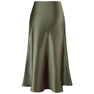 Women's Satin High Waist Hidden Elasticized Waistband Flared Casual A Line Midi Skirt (Army Green, Small)