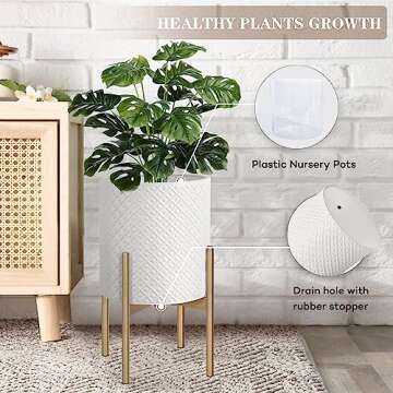 Oakrain Mid Century Planters for Indoor Plants, Metal Planters Set of 2, Modern Decorative Plant Pots for Living Room, Garden, Balcony, White Planters with Glod Plant Stands, 10 inch & 12 inch