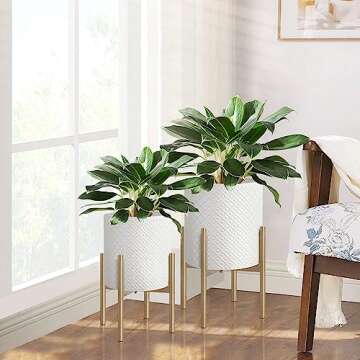 Oakrain Mid Century Planters for Indoor Plants, Metal Planters Set of 2, Modern Decorative Plant Pots for Living Room, Garden, Balcony, White Planters with Glod Plant Stands, 10 inch & 12 inch