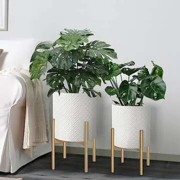 Oakrain Mid Century Planters for Indoor Plants, Metal Planters Set of 2, Modern Decorative Plant Pots for Living Room, Garden, Balcony, White Planters with Glod Plant Stands, 10 inch & 12 inch