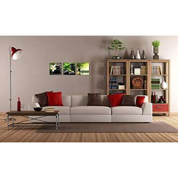 TutuBeer 3 Panel Zen Canvas Wall Art Still Life SPA Stone Green Bamboo White Frangipani Flower Pictures Prints on Canvas for Home Office Kitchen Wall Decor Stretched and Framed Each Panel 12x12inch