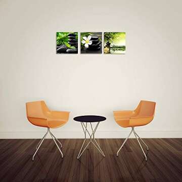 TutuBeer 3 Panel Zen Canvas Wall Art Still Life SPA Stone Green Bamboo White Frangipani Flower Pictures Prints on Canvas for Home Office Kitchen Wall Decor Stretched and Framed Each Panel 12x12inch