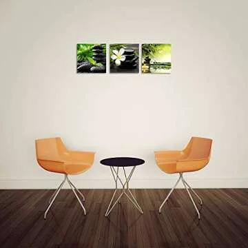 TutuBeer 3 Panel Zen Canvas Wall Art Still Life SPA Stone Green Bamboo White Frangipani Flower Pictures Prints on Canvas for Home Office Kitchen Wall Decor Stretched and Framed Each Panel 12x12inch