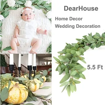 DearHouse 5.5Ft Seeded Eucalyptus Garland, Artificial Vines Faux Eucalyptus Leaves Table Garland Artificial Eucalyptus Garland Greenery Wedding Backdrop Arch Wall Decor