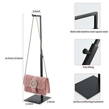 K KAIDIYIN Purse Display Stand - 2 Pack Solid Black Bag Display Rack Stands, Counter Adjustable Height Stainless Steel Purse Handbag Holder Display Stand