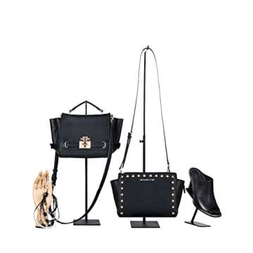 K KAIDIYIN Purse Display Stand - 2 Pack Solid Black Bag Display Rack Stands, Counter Adjustable Height Stainless Steel Purse Handbag Holder Display Stand