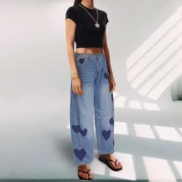 Barrel Jeans for Women Mid Rise Heart Printed Denim Ankle Pants Vintage Baggy Boyfriend Jeans
