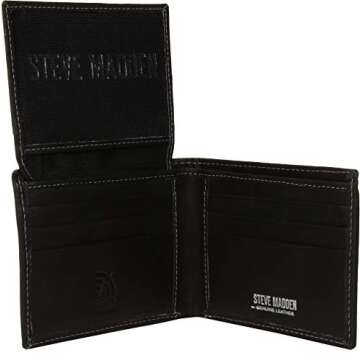 Steve Madden Men's Leather Wallet Extra Capacity Attached Flip Pockets, Black/Antique, One Size