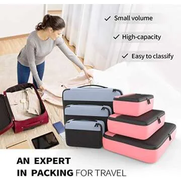 Packing Cubes Organizer Bags for Wardrobe or Suitcase Clothes Storage Bag for Home or Travel Compression Packing Cube 6 set for Luggage Suitcase (Grey Pink)