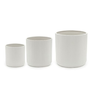 Amazon Basics Fluted Ceramic Planters Set of 3 for Indoor and Outdoor Use - Modern Design in White