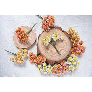 Thai Decorated 100 pcs Mini Paper Flowers Rose Mixed Yellow Color Mulberry Paper Flower 15 mm Scrapbooking Wedding Card Supplies Embellishment Craft Paper Flowers.