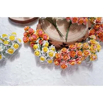 Thai Decorated 100 pcs Mini Paper Flowers Rose Mixed Yellow Color Mulberry Paper Flower 15 mm Scrapbooking Wedding Card Supplies Embellishment Craft Paper Flowers.
