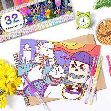 Taotree Glitter Gel Pens, 32 Color Neon Glitter Pens Fine Tip Art Markers Set 40% More Ink Colored Gel Marker for Coloring Book, Drawing, Coloring, Scrapbook, Journaling, Sparkle Easter Gifts kids