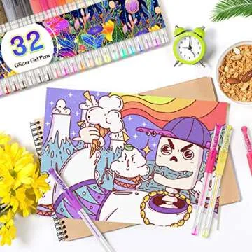 Taotree Glitter Gel Pens, 32 Color Neon Glitter Pens Fine Tip Art Markers Set 40% More Ink Colored Gel Marker for Coloring Book, Drawing, Coloring, Scrapbook, Journaling, Sparkle Easter Gifts kids