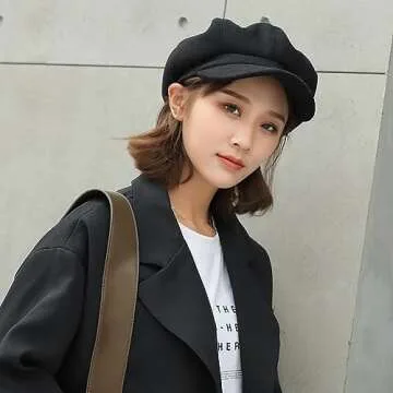 Women Beret Newsboy Hat - 8 Panels Beret Hats Vintage Cabbie Hat Octagonal Cap for Women Girl(Size:M) Black