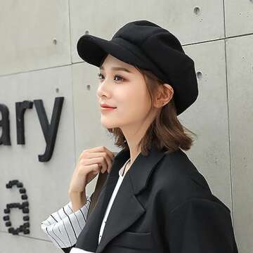 Women Beret Newsboy Hat - 8 Panels Beret Hats Vintage Cabbie Hat Octagonal Cap for Women Girl(Size:M) Black