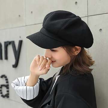 Women Beret Newsboy Hat - 8 Panels Beret Hats Vintage Cabbie Hat Octagonal Cap for Women Girl(Size:M) Black