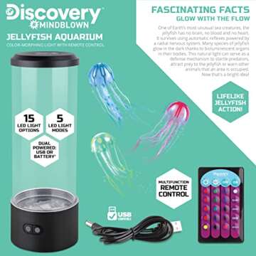 Discovery #Mindblown Jellyfish Aquarium Color-Morphing Lamp with 15 Light Options and Remote Control, Educational Biology Themed Bedroom Light for Kids & Adults Ages 8 and Up